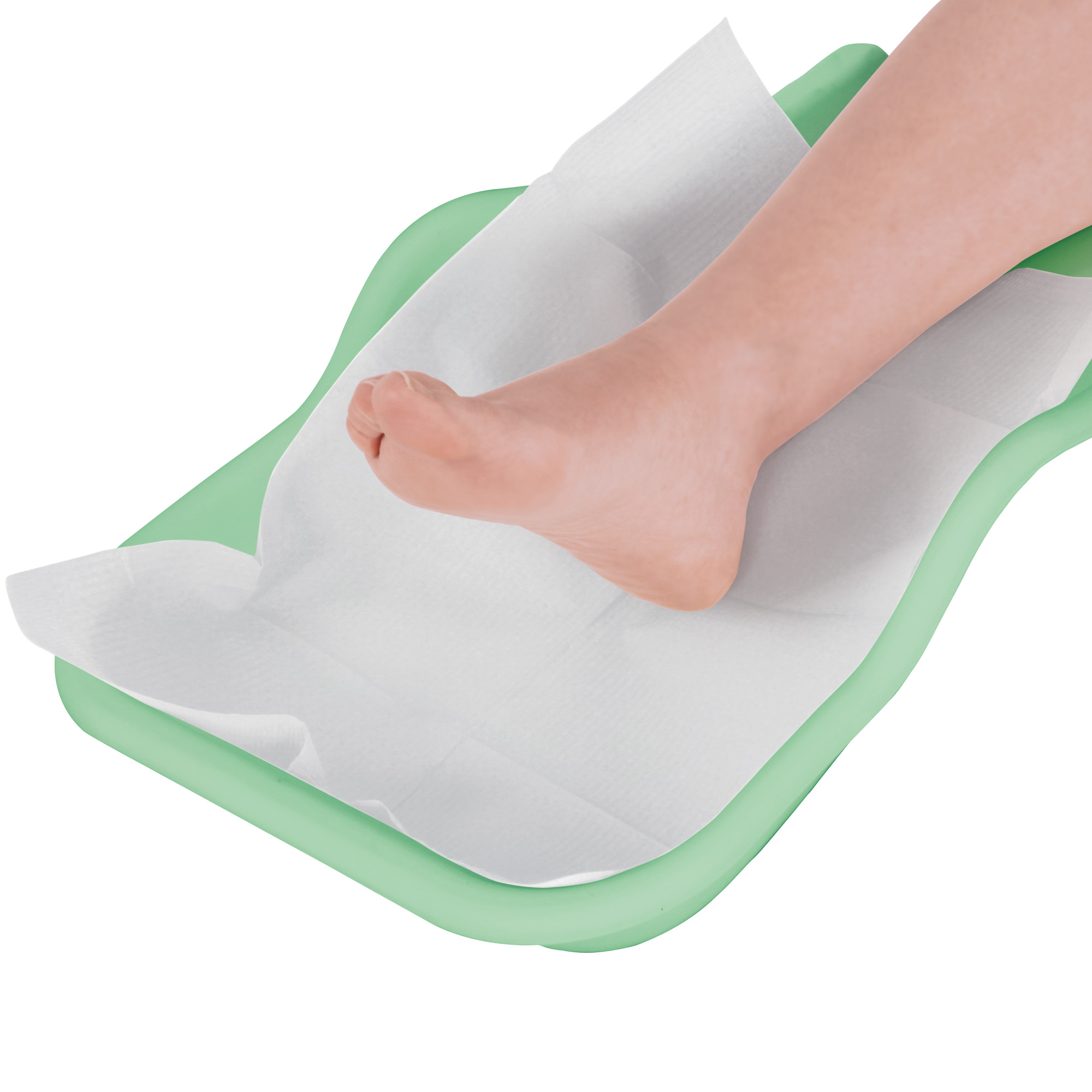 Flexible tray for the collection of pedicure residues on the foot mint green