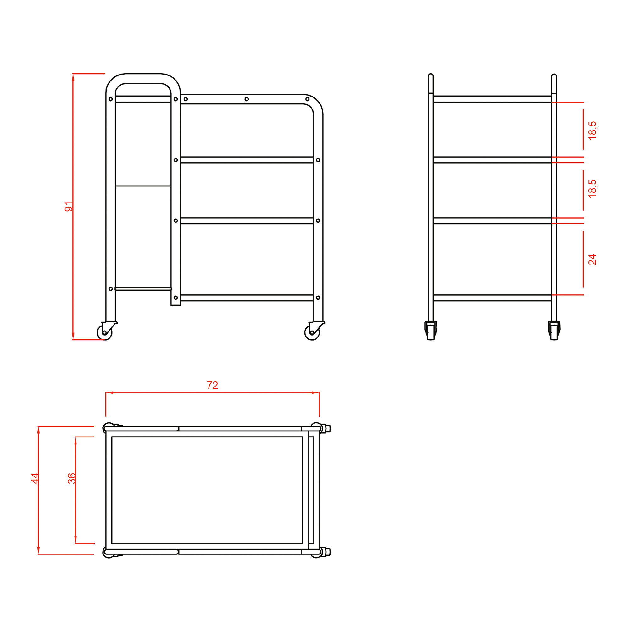 Trolley for hair removal products with 4 shelves and waste bin