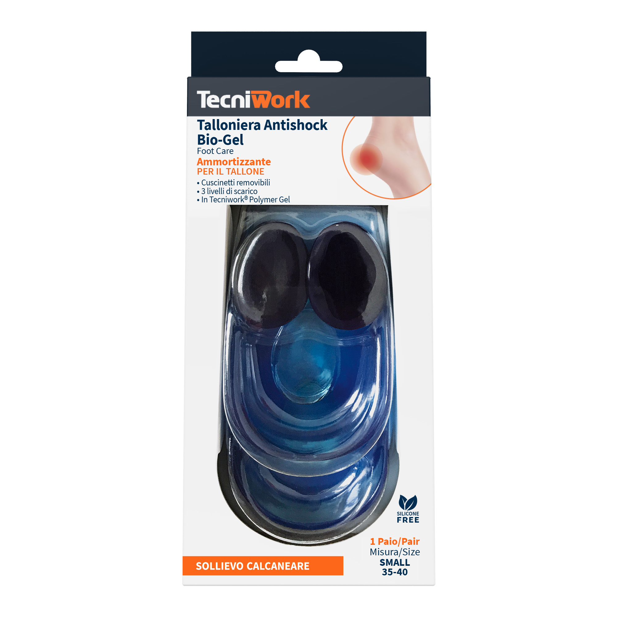 Tecniwork® Polymer Gel Bio-Gel Shock Absorbing Heel cups with removable cushions Size S 1 pair