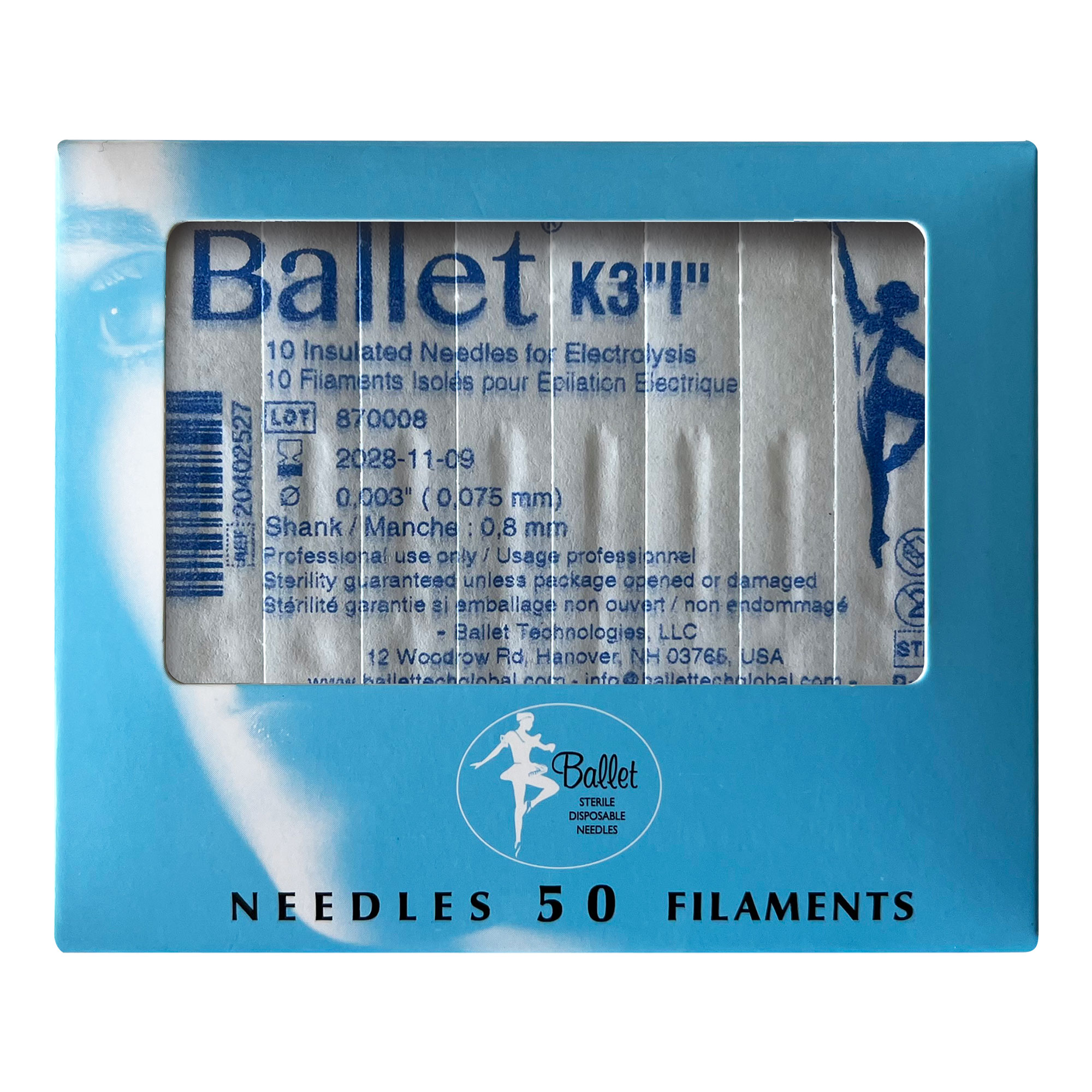 Sterile insulated Ballet needles for epilation 0.075 mm