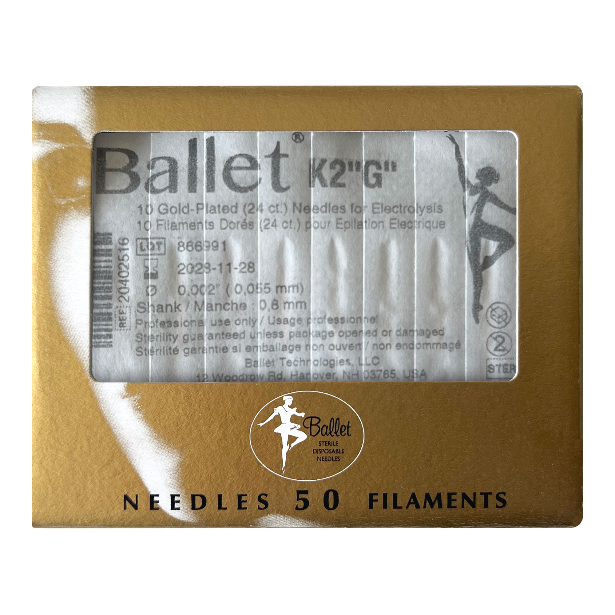 Aiguilles Ballet Gold stériles plaquées or 24K pour l'épilation 0,055 mm