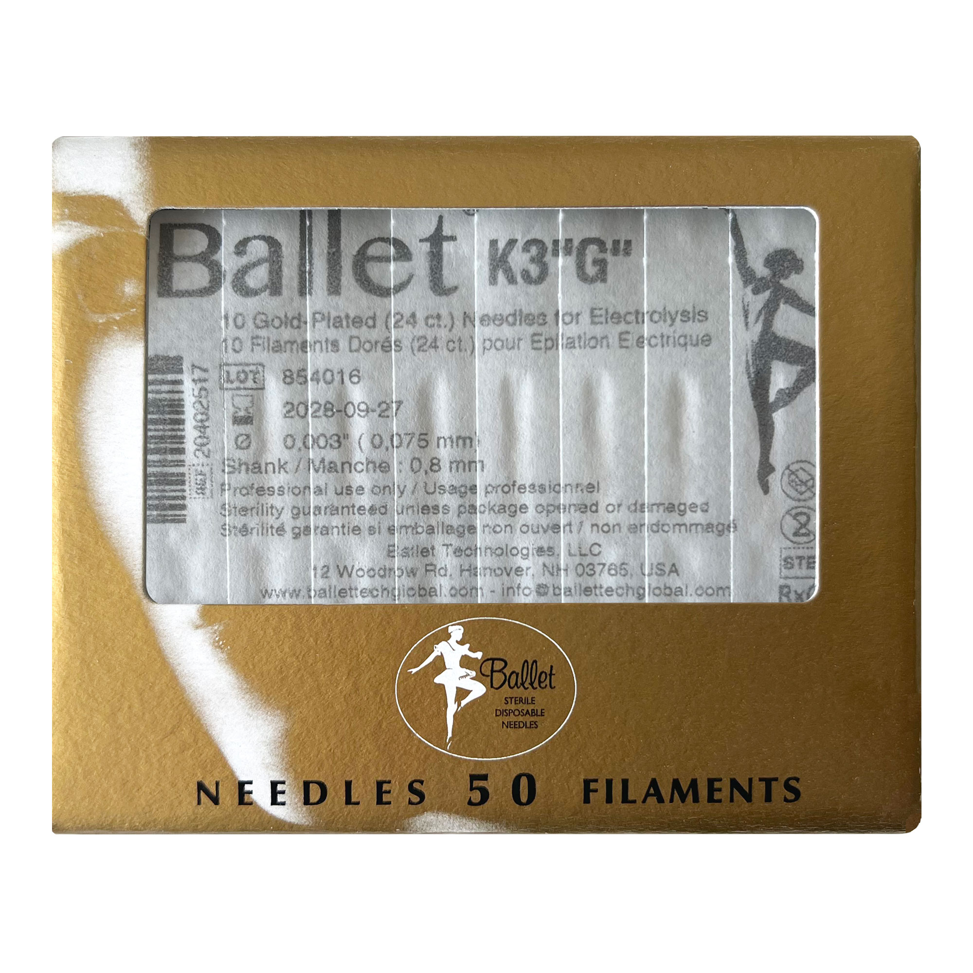 Sterile 24K gold-plated Ballet needles for epilation 0.075 mm