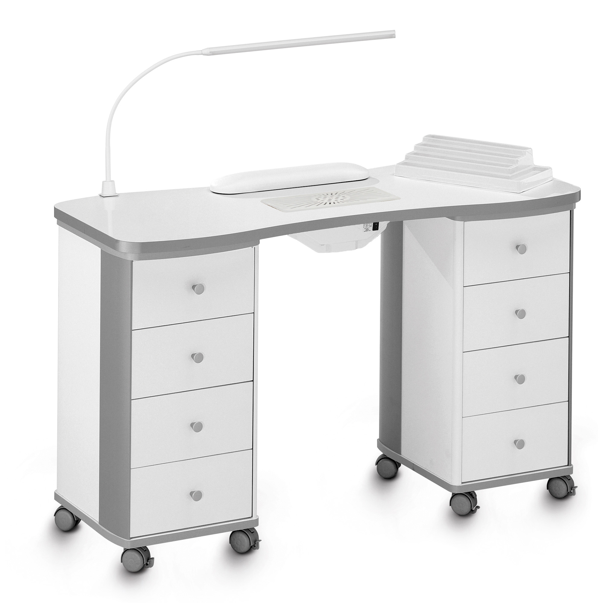 Table de manucure professionnelle Ariel avec unité d'aspiration, compartiment de rangement, tiroirs et lampe