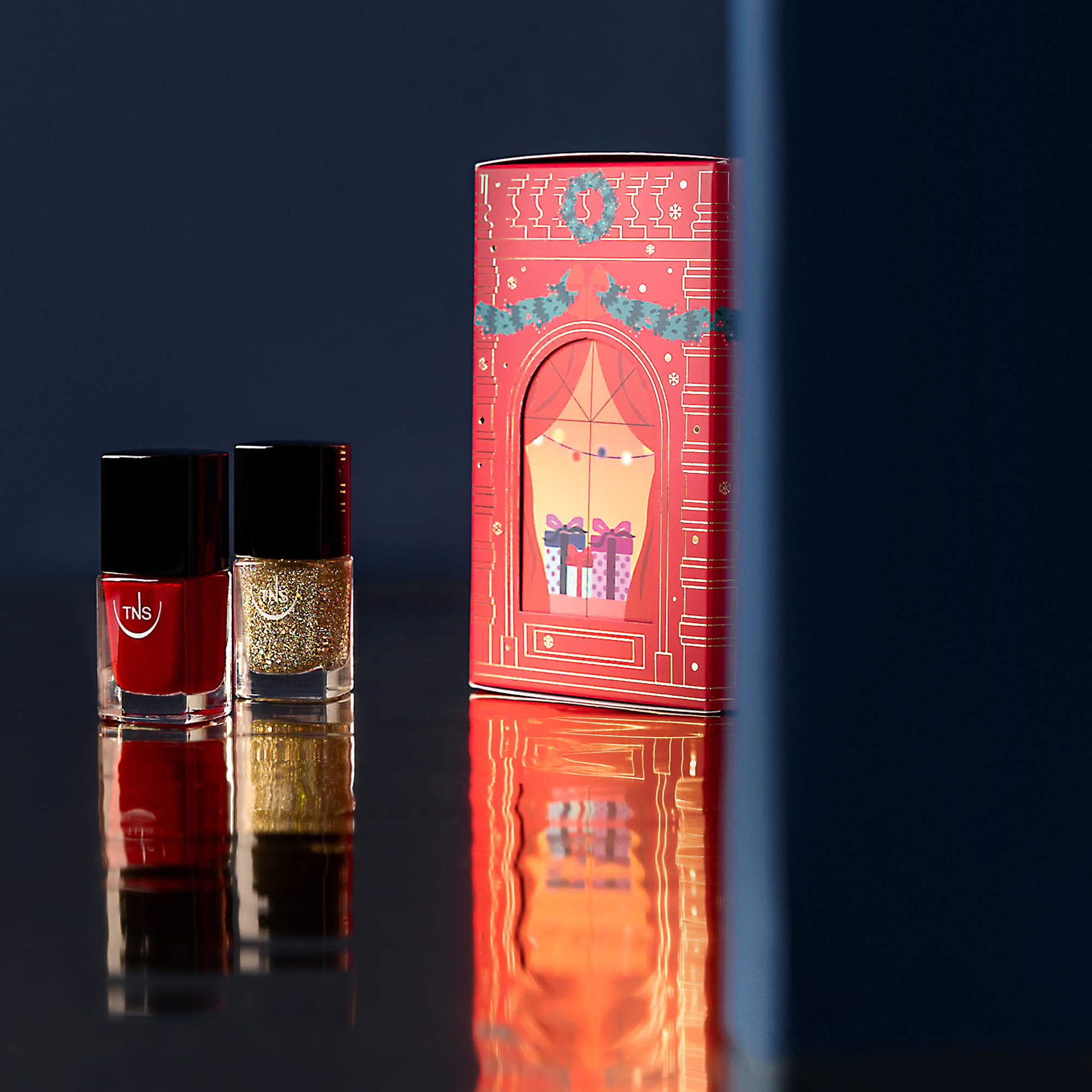 TNS Christmas Beauty Gift Set with Red Nail Polish and Gold Glitter Nail Polish