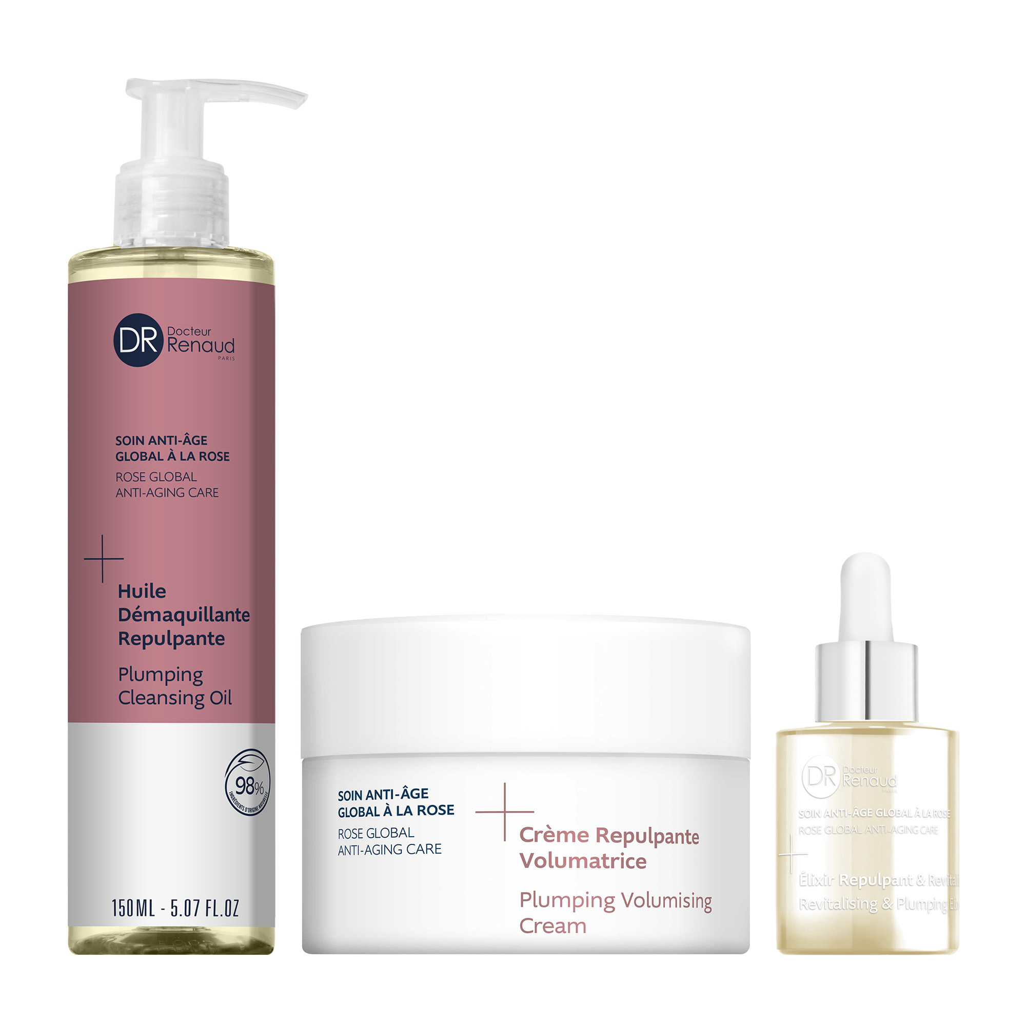 Promotion des produits pour le visage à la rose : huile démaquillante, crème et élixir repulpant