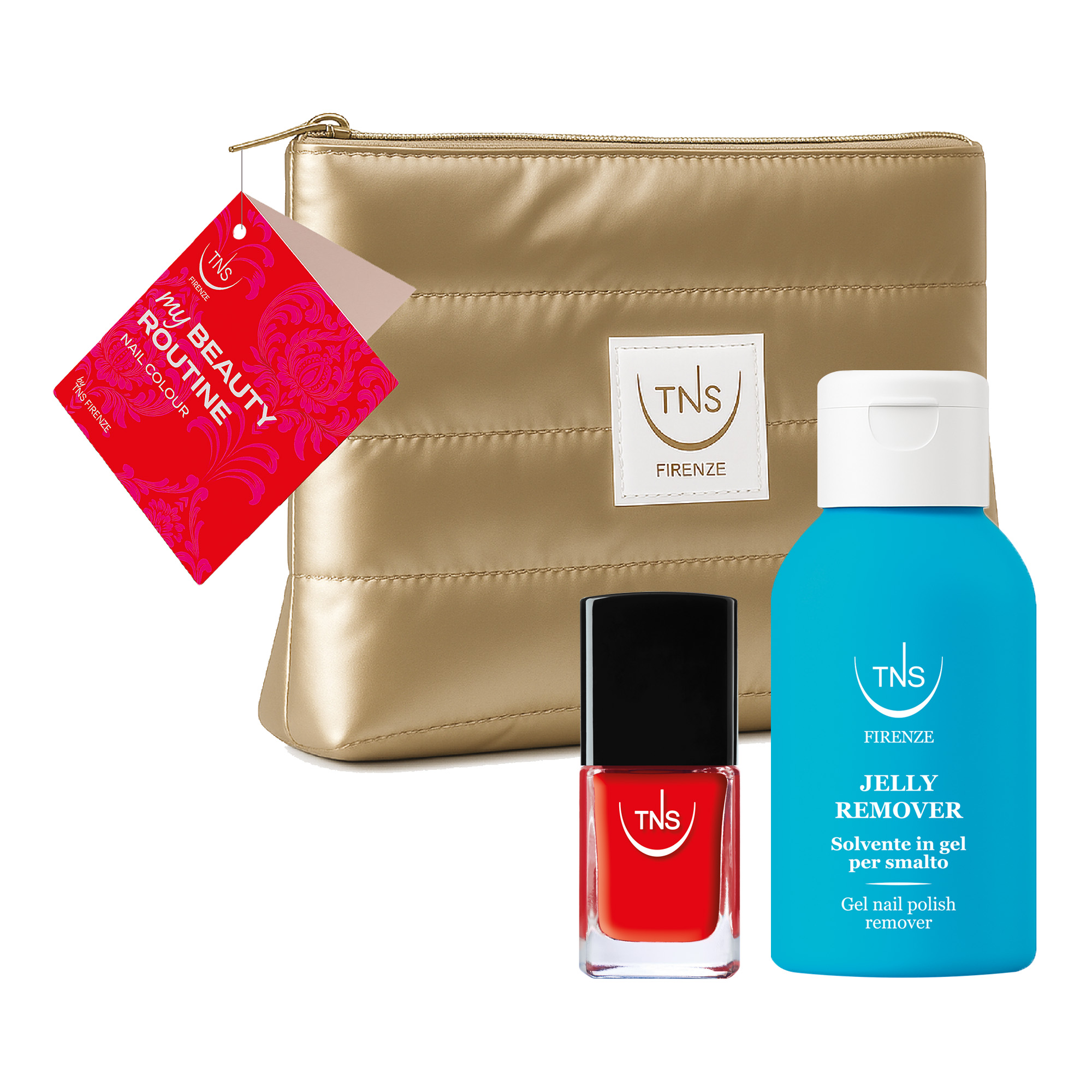 Gift pouch with red nail polish and TNS Jelly Remover