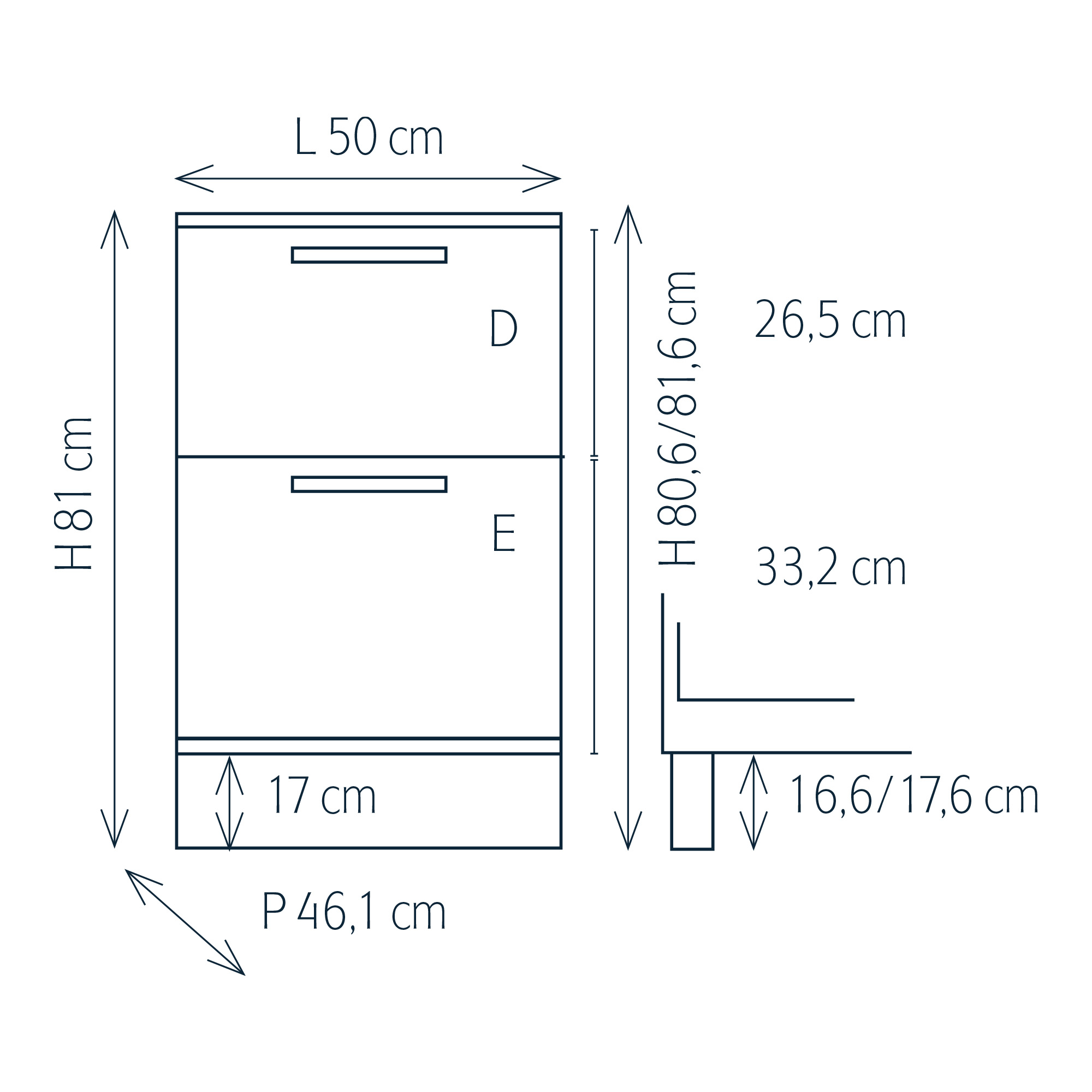 Modulo per mobile componibile con 2 cassetti e piedini