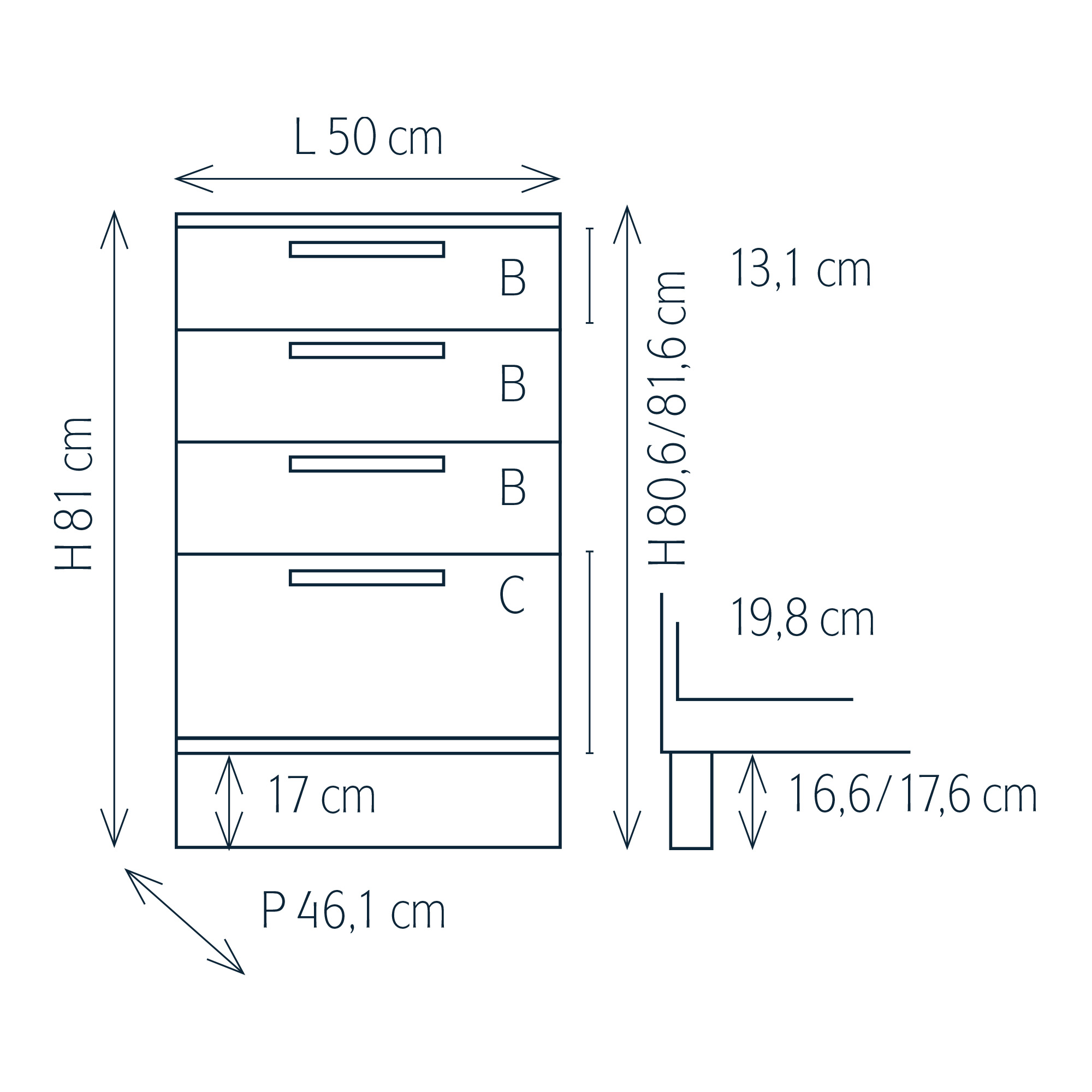 Modulo per mobile componibile con 4 cassetti e piedini