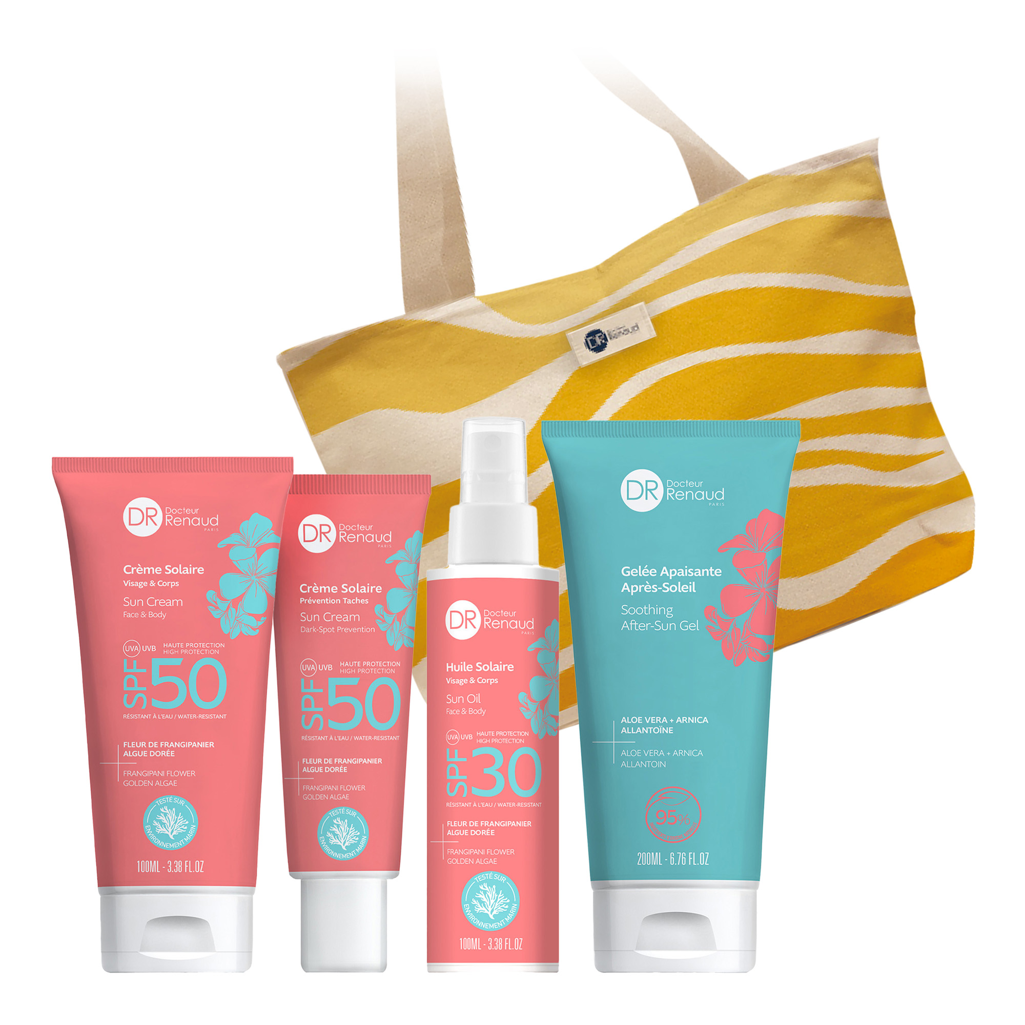Docteur Renaud Sonnenprodukte Promotion mit Frangipani Blüten und Sommertasche 6 Stück