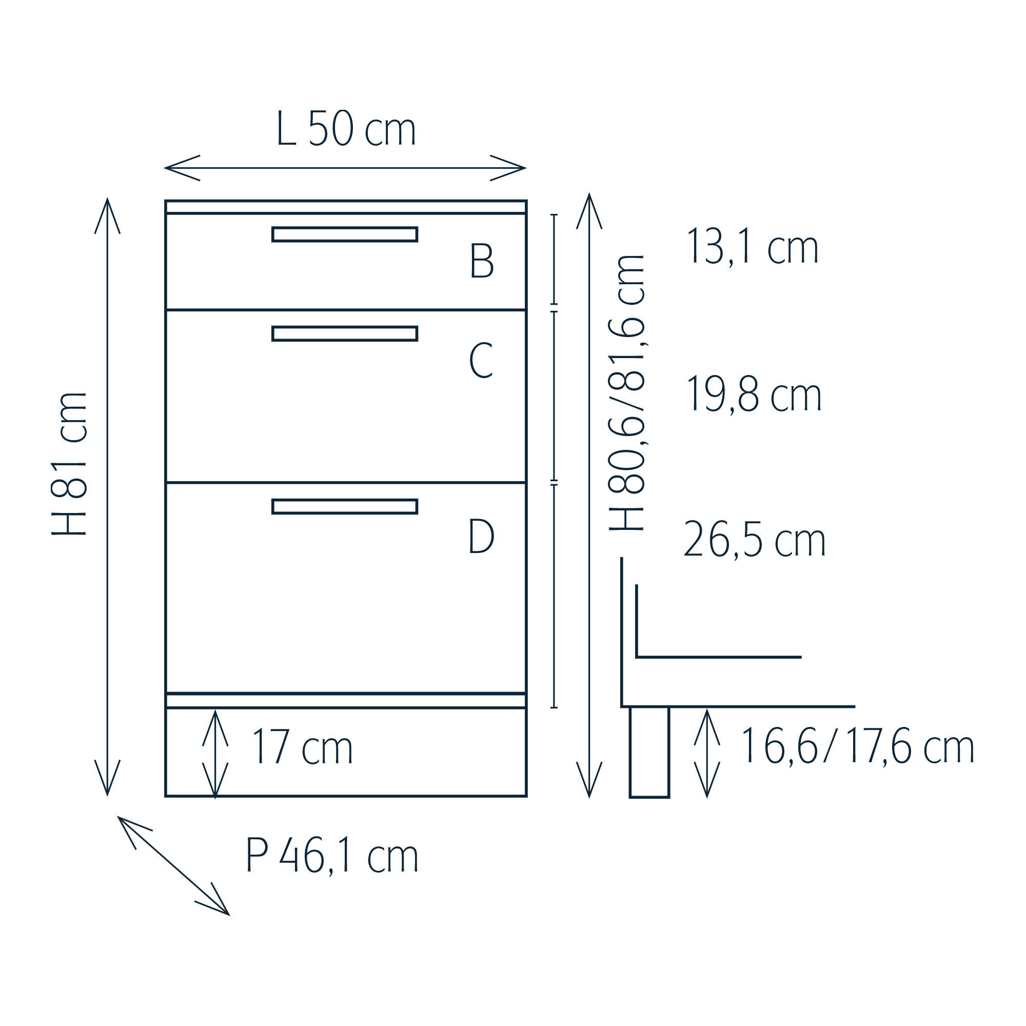 Modulo per mobile componibile con 3 cassetti e piedini
